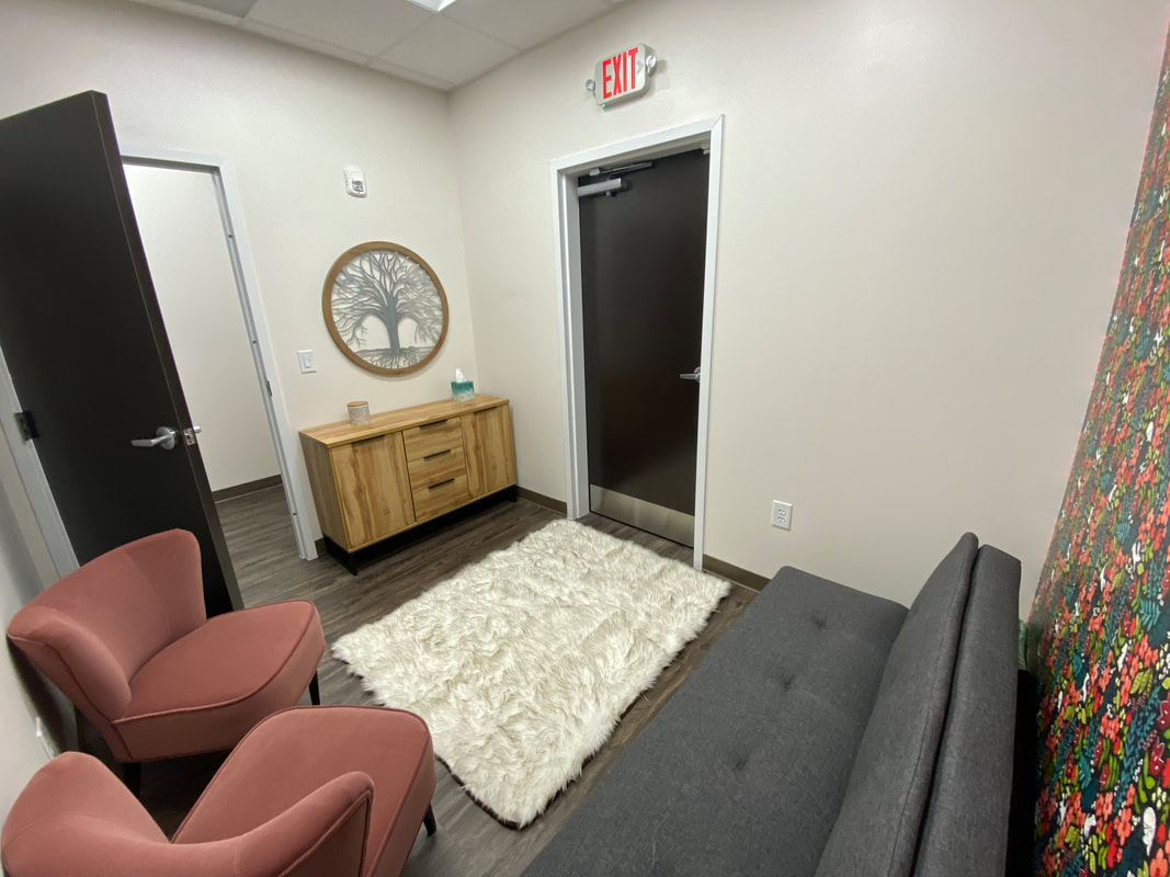 a room with comfortable chairs and sofa and a fuzzy rug